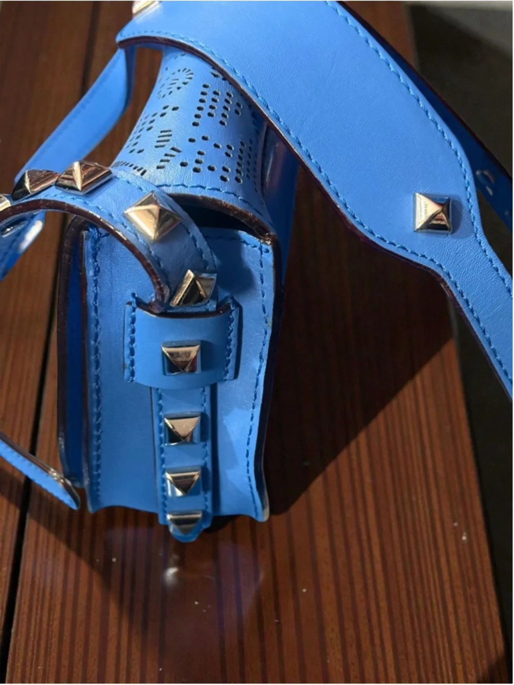 Rebecca Minkoff Skylar Crossbody Bag in Cerulean Blue Laser-cut Leather
